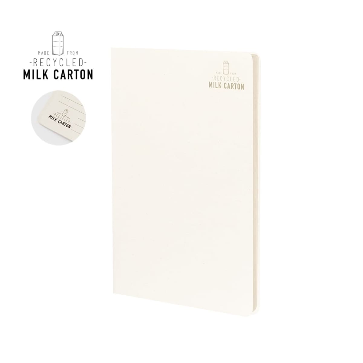 Eco-friendly notebook made from recycled milk cartons, plain cover.