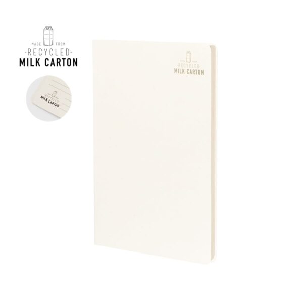 Plain notebook with Made from recycled milk carton on the cover.
