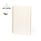 White spiral notebook made from recycled milk cartons, with an elastic band closure.