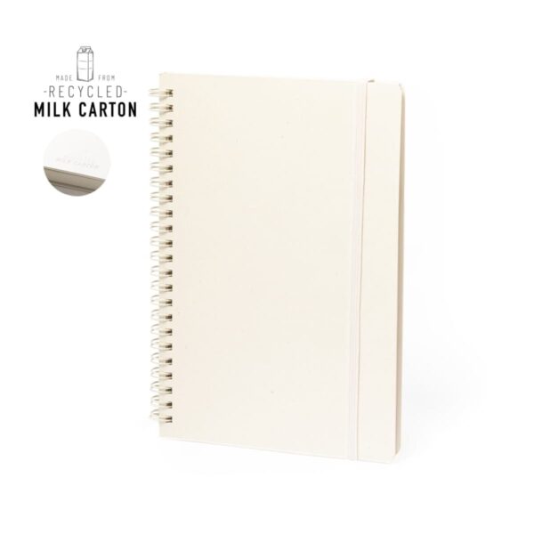 Spiral notebook made from recycled milk carton with a plain beige cover.