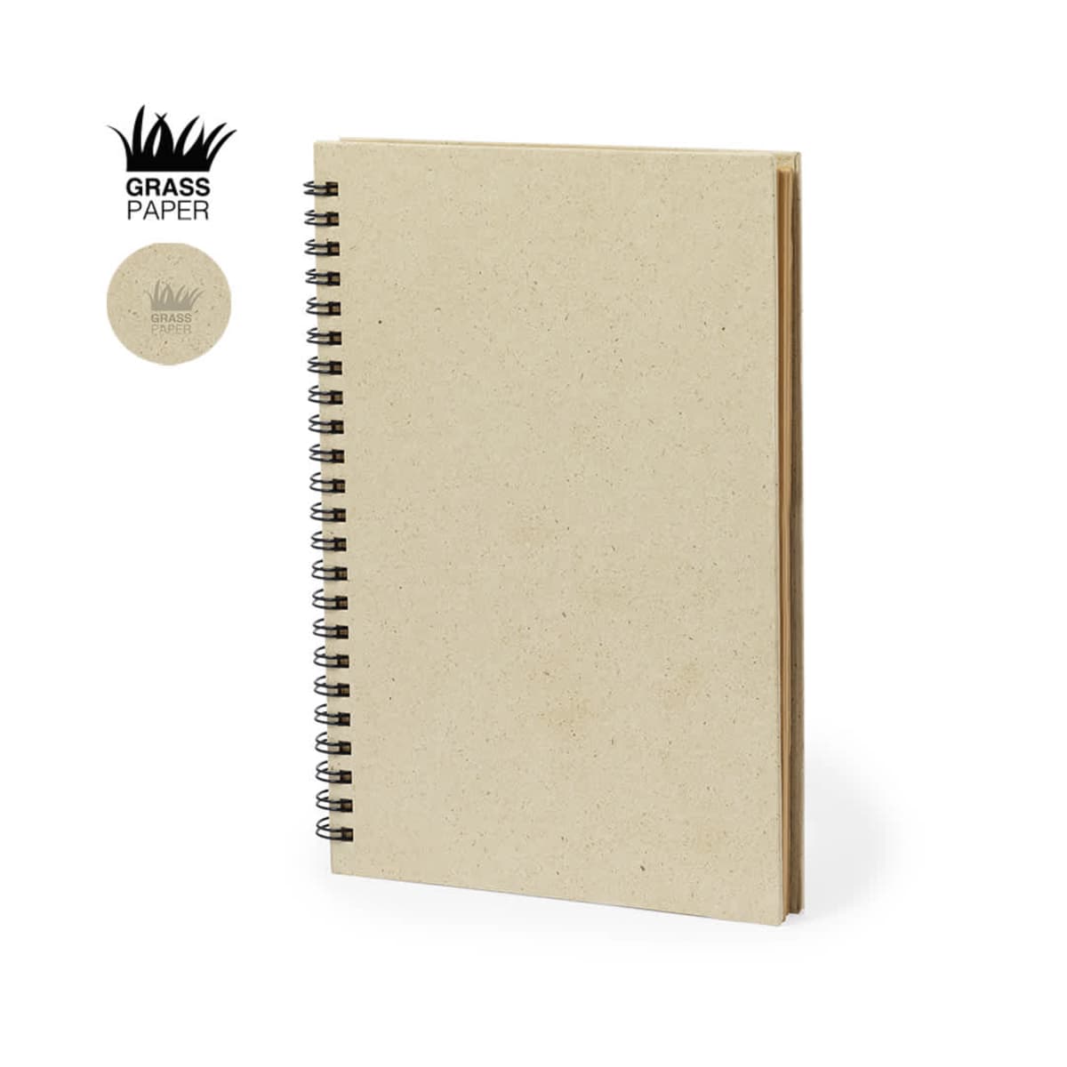 Spiral-bound notebook with a beige cover made from grass paper.