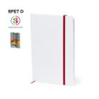 White notebook with a red elastic band and bookmarks, sublimation and RPET labels visible.