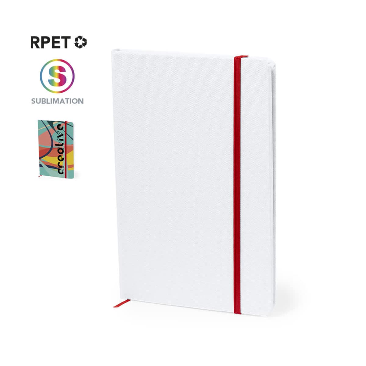 White notebook with a red elastic band and bookmarks, sublimation and RPET labels visible.