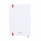 White notebook with red corner bands and an orange ribbon bookmark.