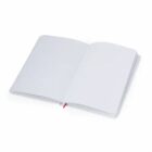 Open blank notebook with a red ribbon bookmark placed near the center.