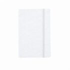 Closed white notebook with an elastic band on a plain white background.