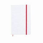 A white notebook with a red elastic band on a white background.