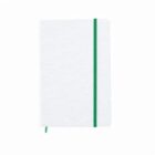 White textured notebook with a vertical green elastic band and bookmark.