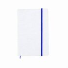 White notebook with blue elastic band and ribbon bookmark.