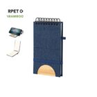 Blue notebook with bamboo details, phone stand, and spiral binding.