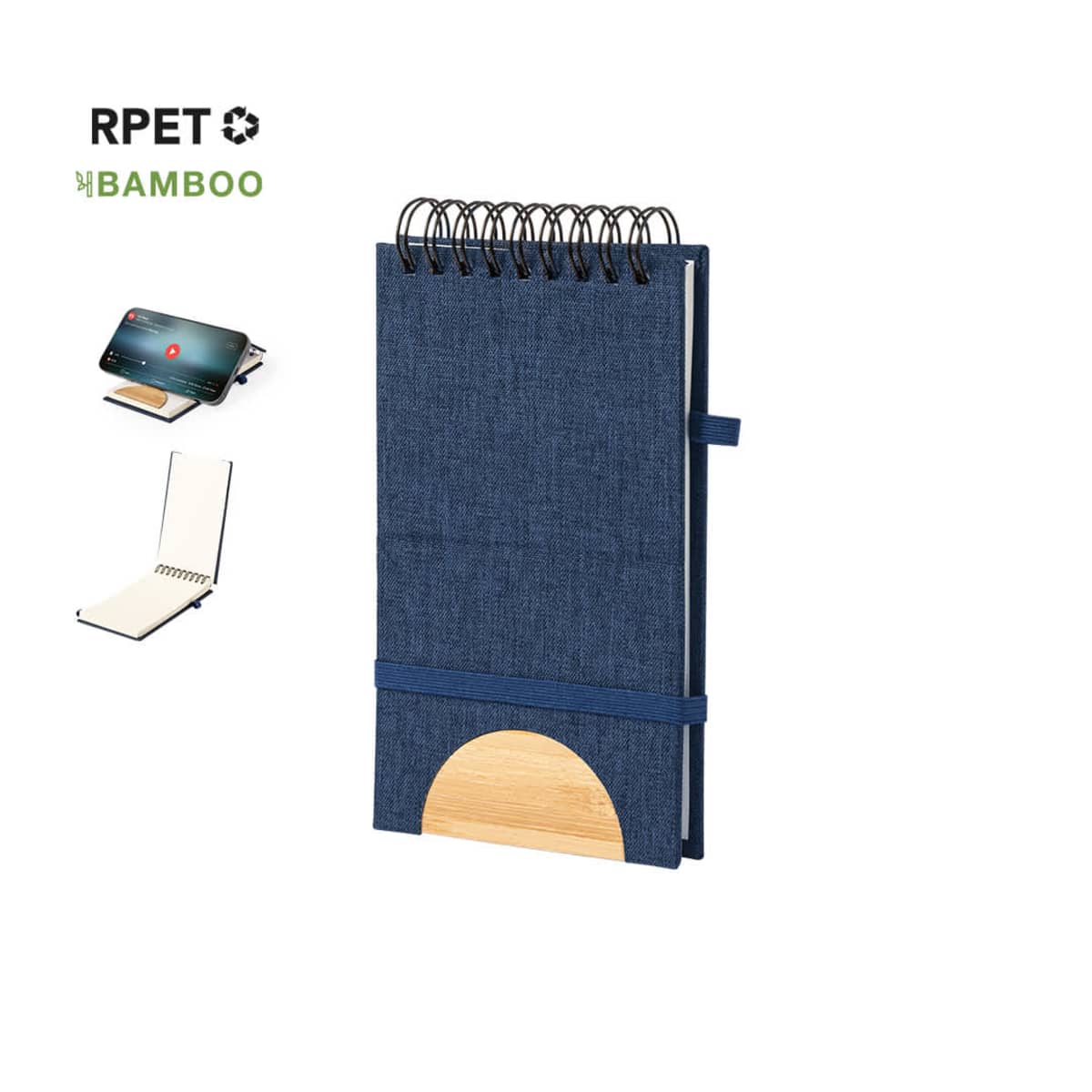 Blue notebook with bamboo details, phone stand, and spiral binding.