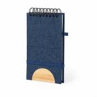 Dark blue spiral notebook with elastic closure and wooden accent.