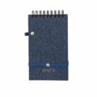 Blue spiral notebook with elastic band and pen holder.