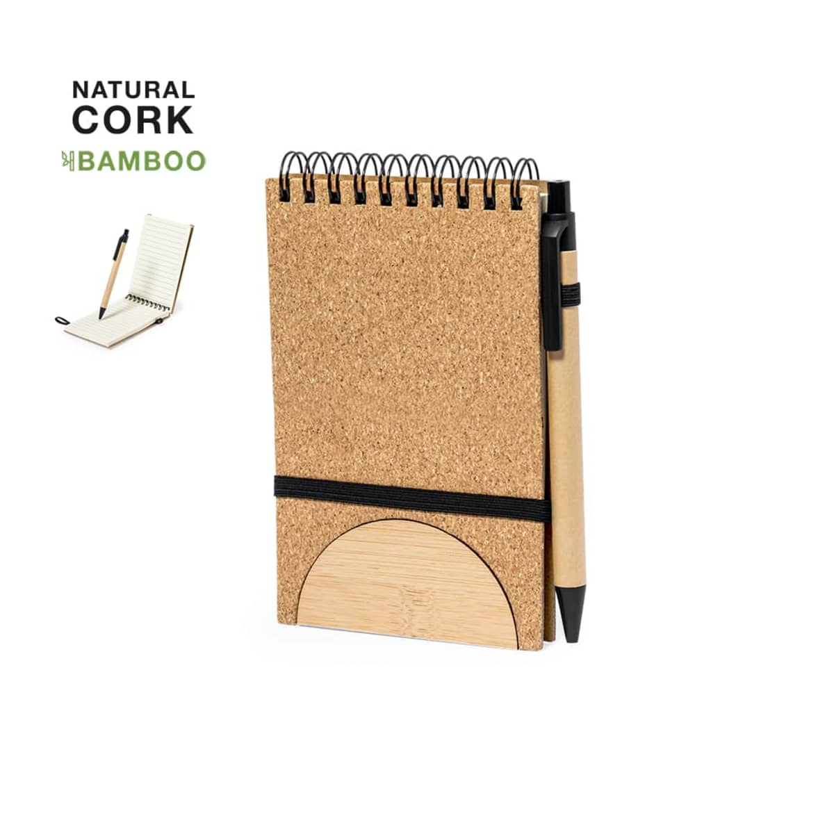 Cork and bamboo notebook with a pen attached.
