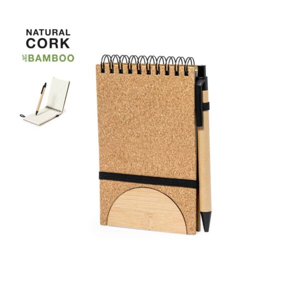 Cork and bamboo notebook with pen, featuring a spiral binding and elastic closure.