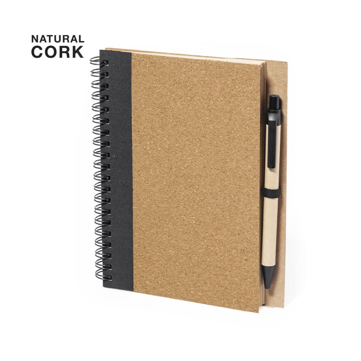 Spiral-bound cork notebook with pen attached, labeled NATURAL CORK.