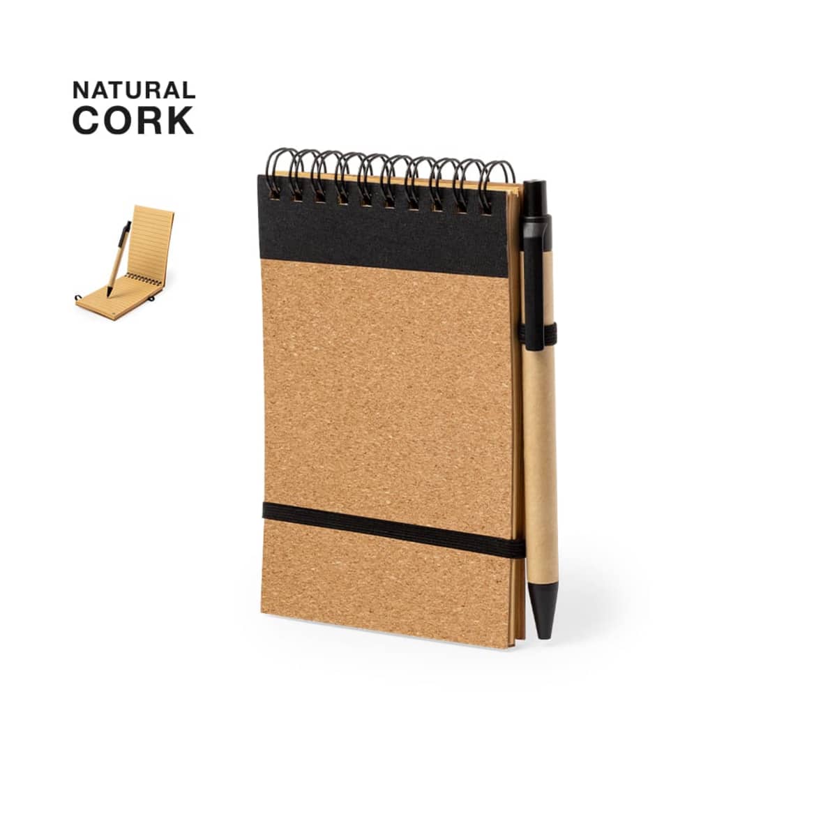 Cork notebook with spiral binding and pen attached, labeled Natural Cork.