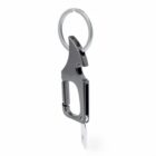 Sleek metal keychain with carabiner clip and a small fold-out knife.
