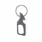 Metal keyring with carabiner, bottle opener, and rounded finger loop.