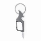 Silver multi-tool keychain with carabiner, bottle opener, and small blade.