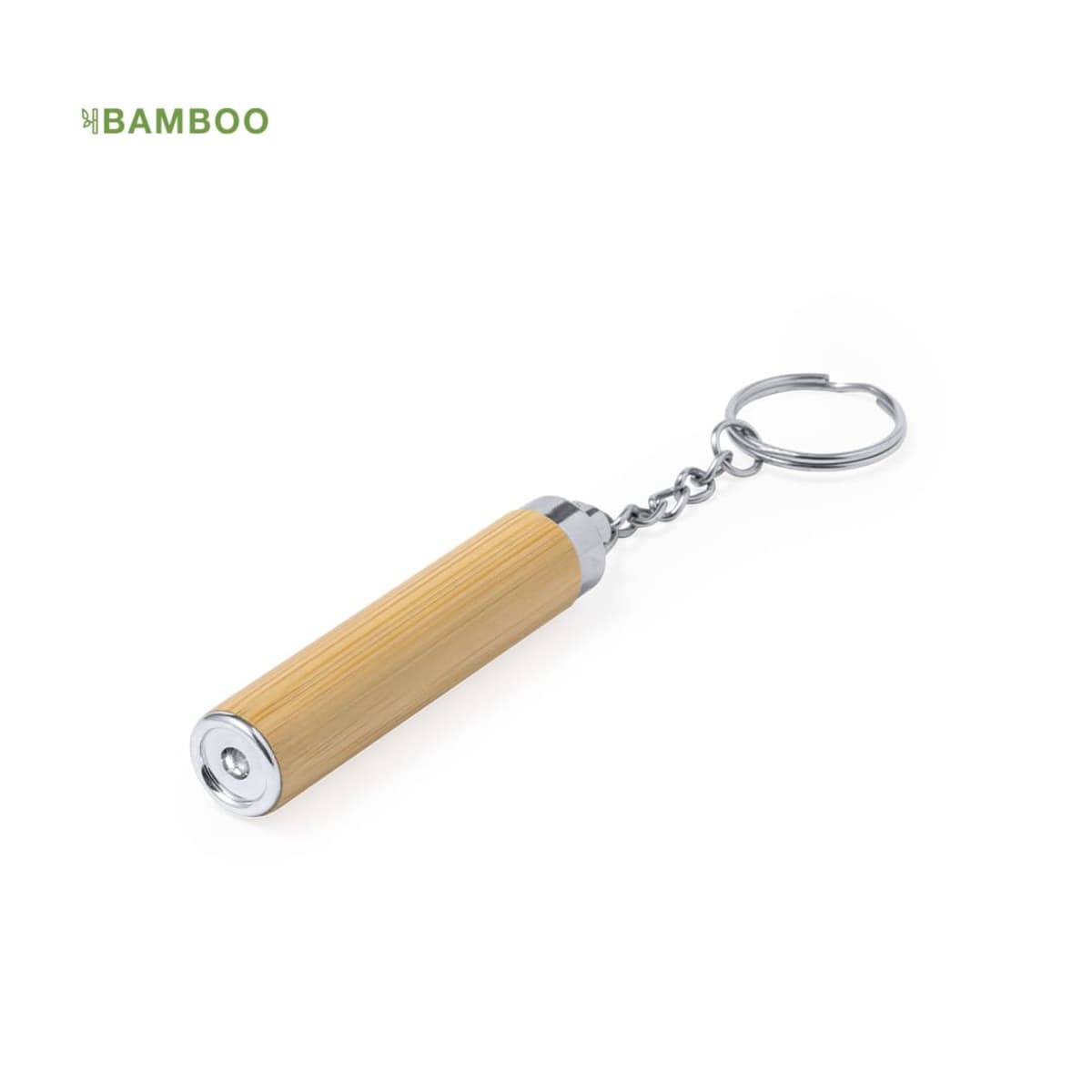 Bamboo keychain with a cylindrical handle, metal ring, and chain.