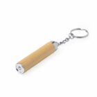 A wooden flashlight keychain with a metal ring and chain.