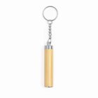 Wooden keychain with silver metal accents and an attached ring.