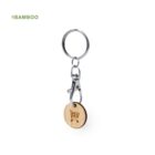 Metal keychain with a bamboo token engraved with a shopping cart icon, on white background.