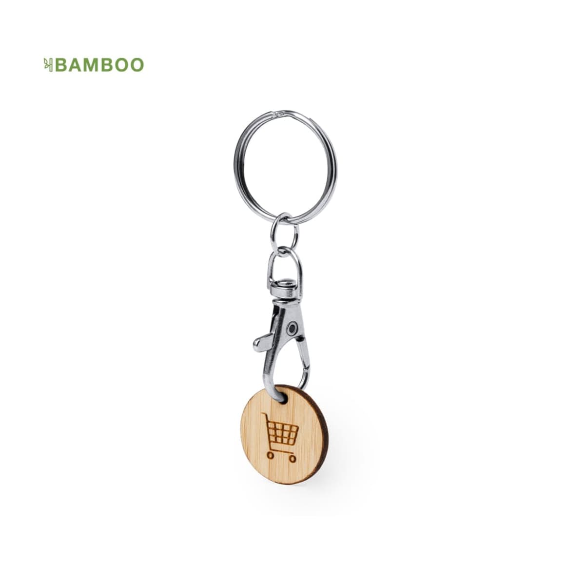 Metal keychain with a bamboo token engraved with a shopping cart icon, on white background.
