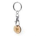 Keychain with metal clasp and a round wooden token engraved with a shopping cart.