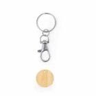 Metal keychain with a clasp and a separate round wooden tag with a small hole.