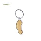 Wooden bamboo car-shaped keychain with a metallic ring on a white background.