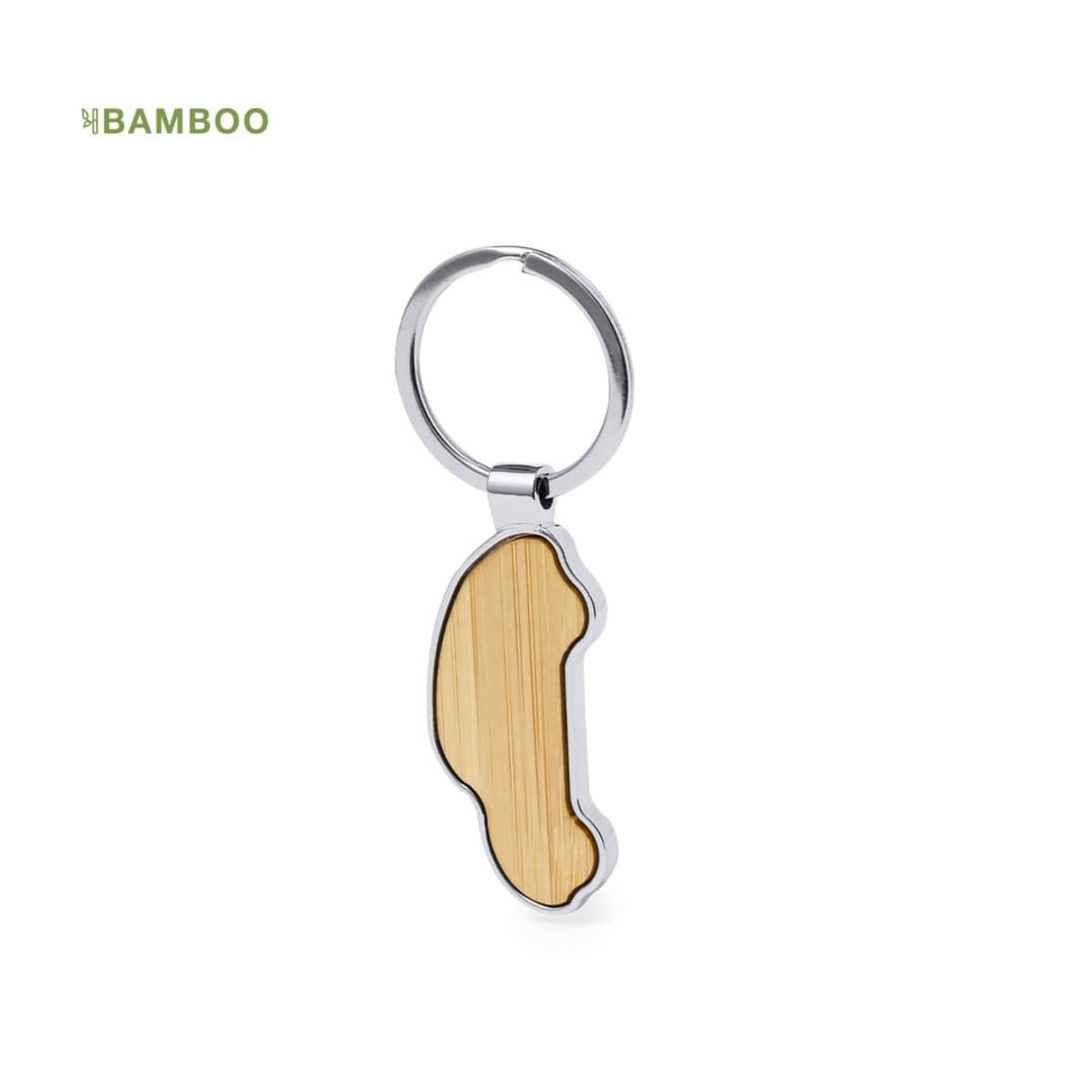 Wooden bamboo car-shaped keychain with a metallic ring on a white background.