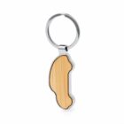 A bamboo keychain shaped like a car with a metal outline on a white background.