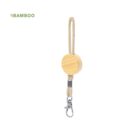 Bamboo and rope keychain with a metal clip, isolated on a white background.