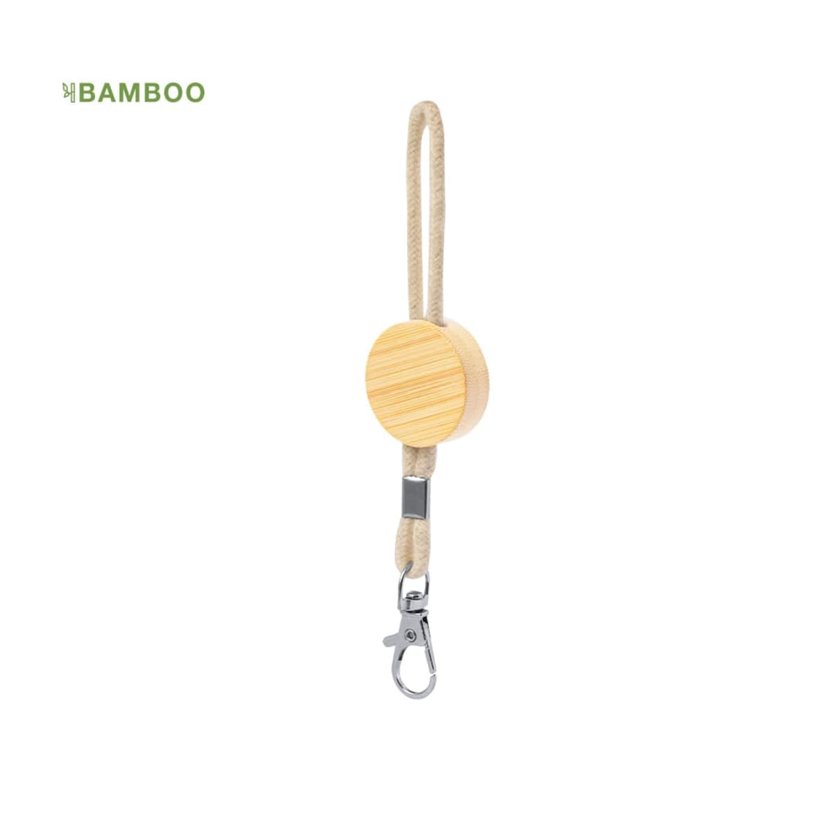 Bamboo and rope keychain with a metal clip, isolated on a white background.