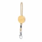 Round wooden keychain with a metal clip and a rope loop handle.