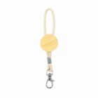 Beige lanyard with a wooden bead and metal clasp on a white background.