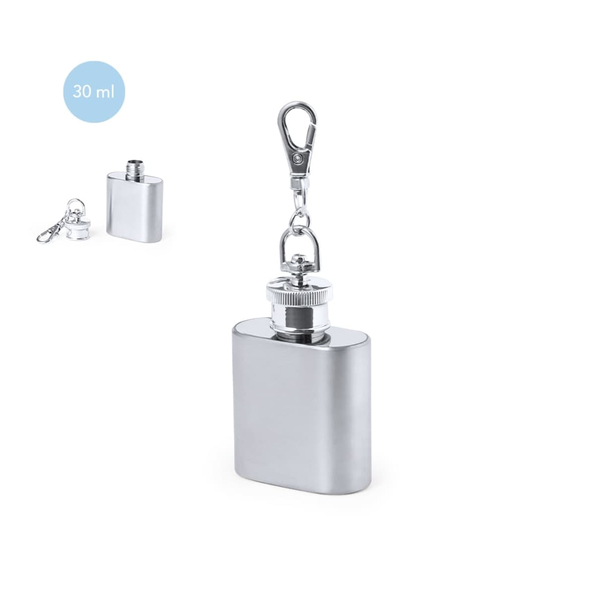 Small metal flask keychain with a 30 ml capacity.