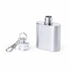 A small silver flask with a detachable cap and keychain clip beside it.