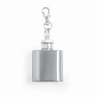 Small silver metal flask with a keychain clip, isolated on a white background.