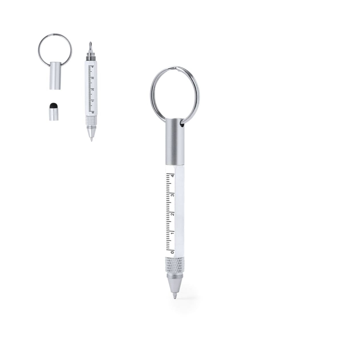 Silver multi-tool pen keychain with a ruler and stylus tip.
