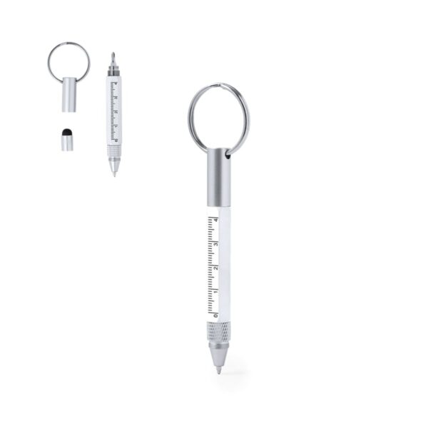 Silver multi-tool pen with keyring and ruler markings against a white background.