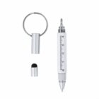 Silver multipurpose pen tool with a ruler, stylus, and screwdriver, with detachable keychain cap.