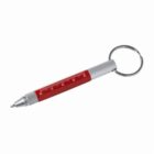 Red and silver pen keychain with measurement markings on the barrel.