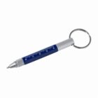 Blue and silver pen keychain with a ruler on its body.