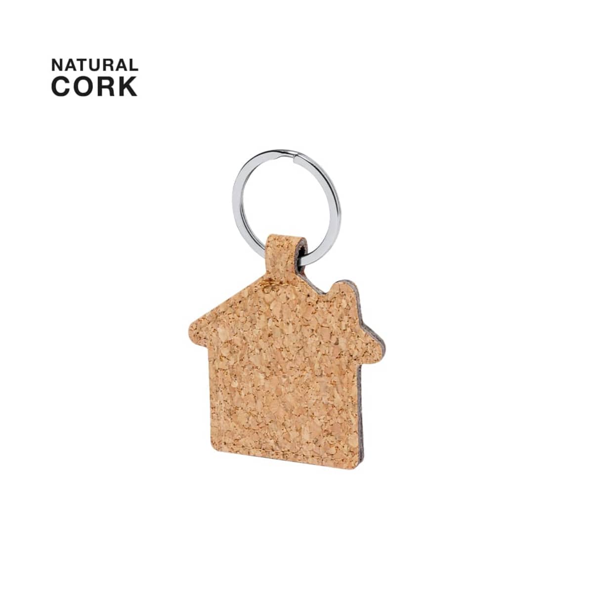 House-shaped cork keychain with metal ring on a white background. Text: NATURAL CORK.
