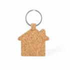 House-shaped cork keychain with metal ring on a white background.