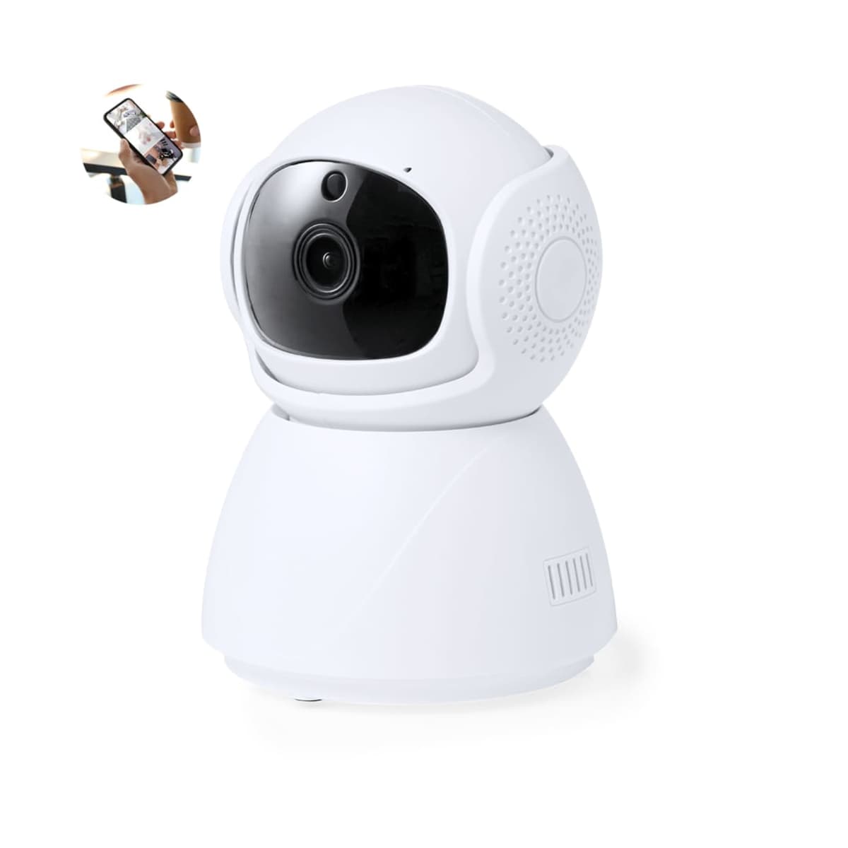 White smart security camera with a lens in the center, small inset image showing a phone screen.