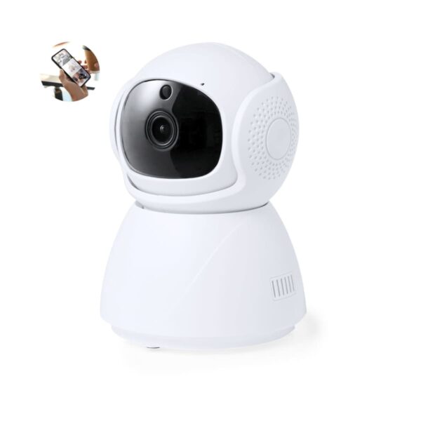 White security camera with spherical design, small inset image of a person using a smartphone.